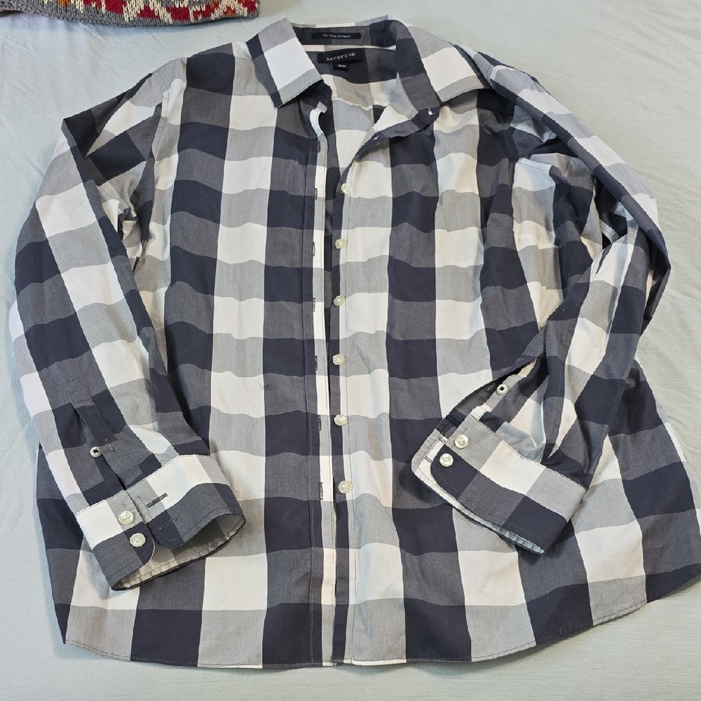 Lands' End Black and White Button Down Shirt Classic Check